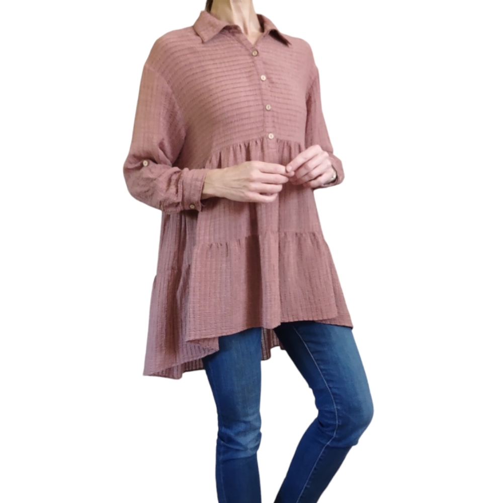 LoveStitch Dusty Rose Flowy Tiered Long Sleeve Top Women's Medium